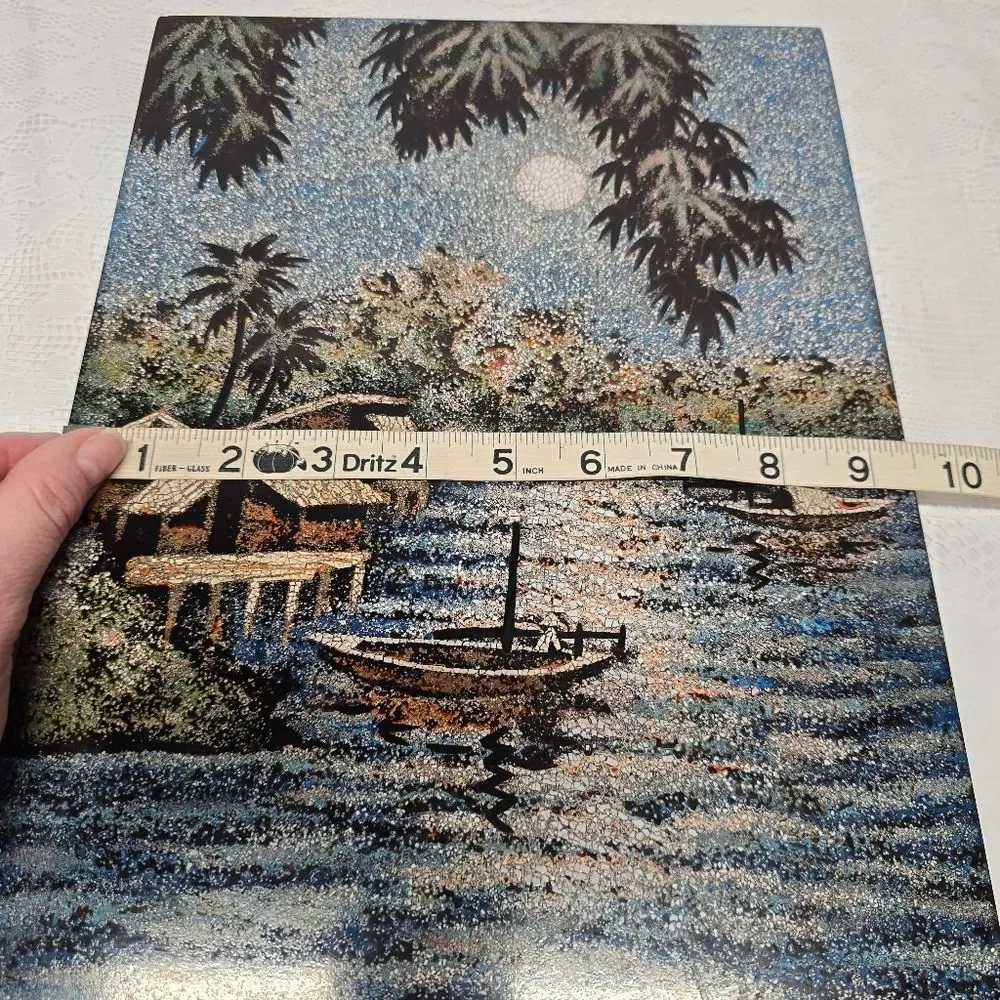 Vintage Vietnamese Village Wooden Black Lacquered Eggshell Inlay Art Plaque